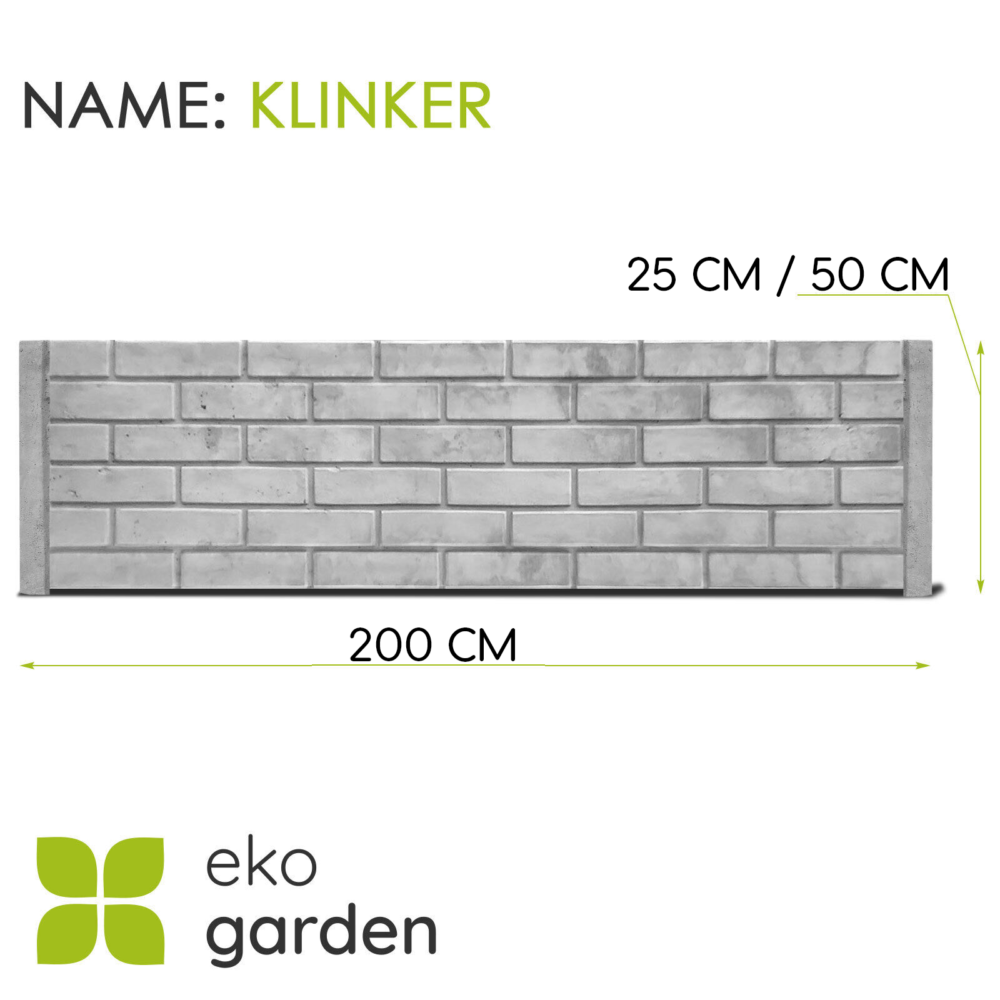 Betonzaun mit Klinkerstein-Optik: Graue Betonplatte im Format 200 cm x 25 cm oder 50 cm, strukturiert wie eine Klinkermauer. Produkt der Marke EkoGarden, genannt 'Klinker'."