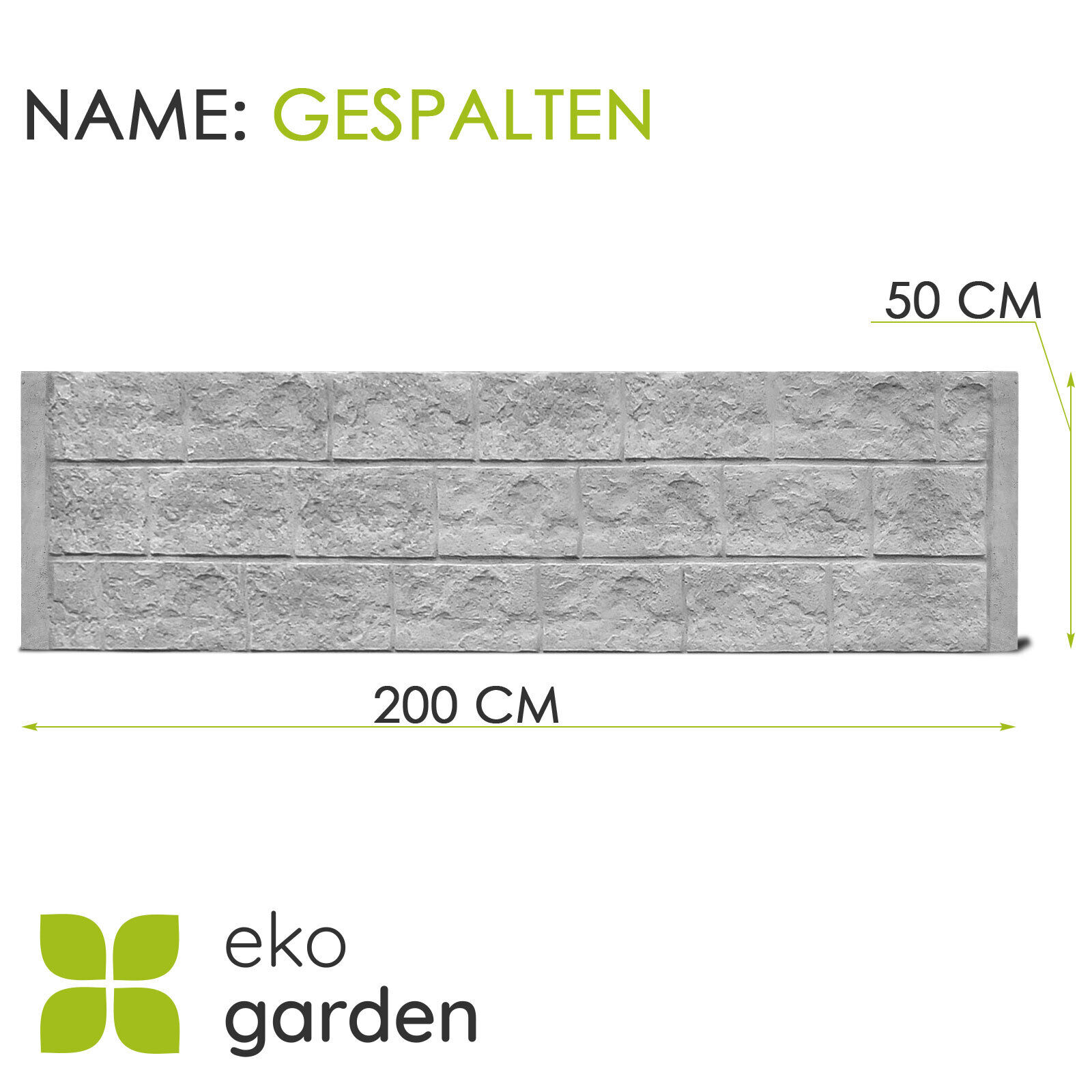 Ein grauer Betonzaun-Abschnitt namens 'Gespalten' von EkoGarden. Die Platte misst 200 cm in der Länge und 50 cm in der Höhe. Die Oberfläche zeigt eine gespaltene Steinoptik mit drei Reihen rechteckiger Blöcke, die eine raue, natürliche Textur aufweisen. Das Bild enthält Produktinformationen und das Logo von EkoGarden.