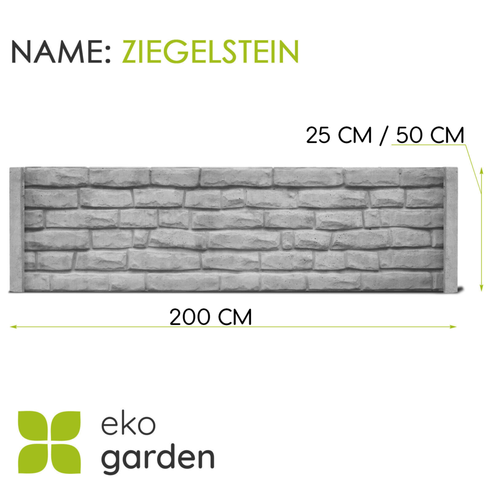 Betonzaun-Panel 'Ziegelstein' von EkoGarden, 200 cm breit und 25-50 cm hoch. Graue Betonplatte mit realistischer Ziegelstein-Textur. Robuste Konstruktion für Garten- und Grundstücksbegrenzungen."