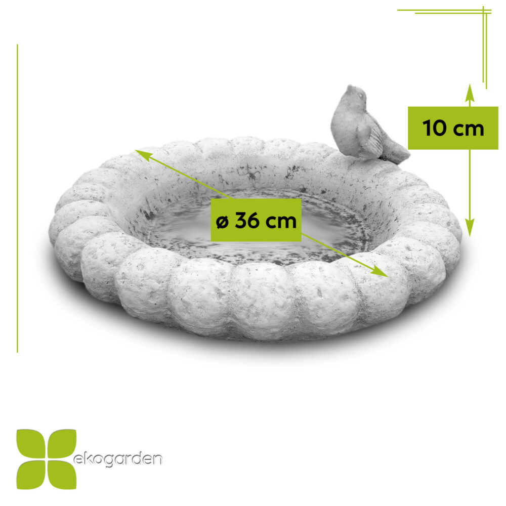 Runde Steinvogeltränke mit 36 cm Durchmesser und 10 cm Höhe, verziert mit dekorativem Vogel, Marke Ekogarden